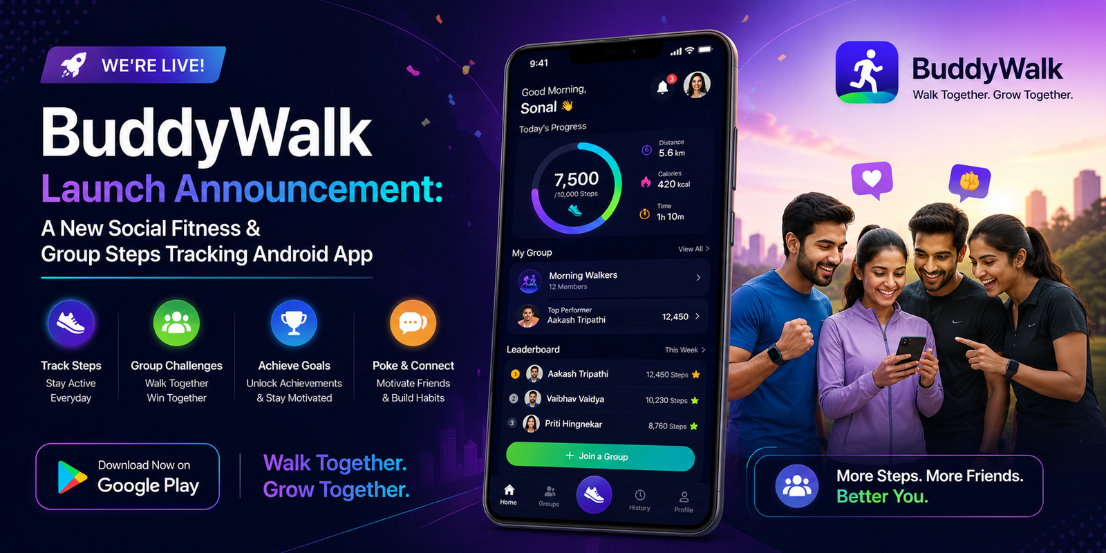 BuddyWalk Launch Announcement: A New Social Fitness & Group Steps Tracking Android App